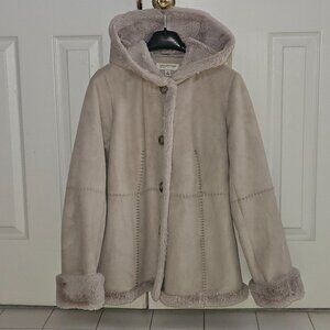 JONES NEW YORK Winter Hip-Length Off-White Hooded Coat Faux Suede & Fur Sz S
